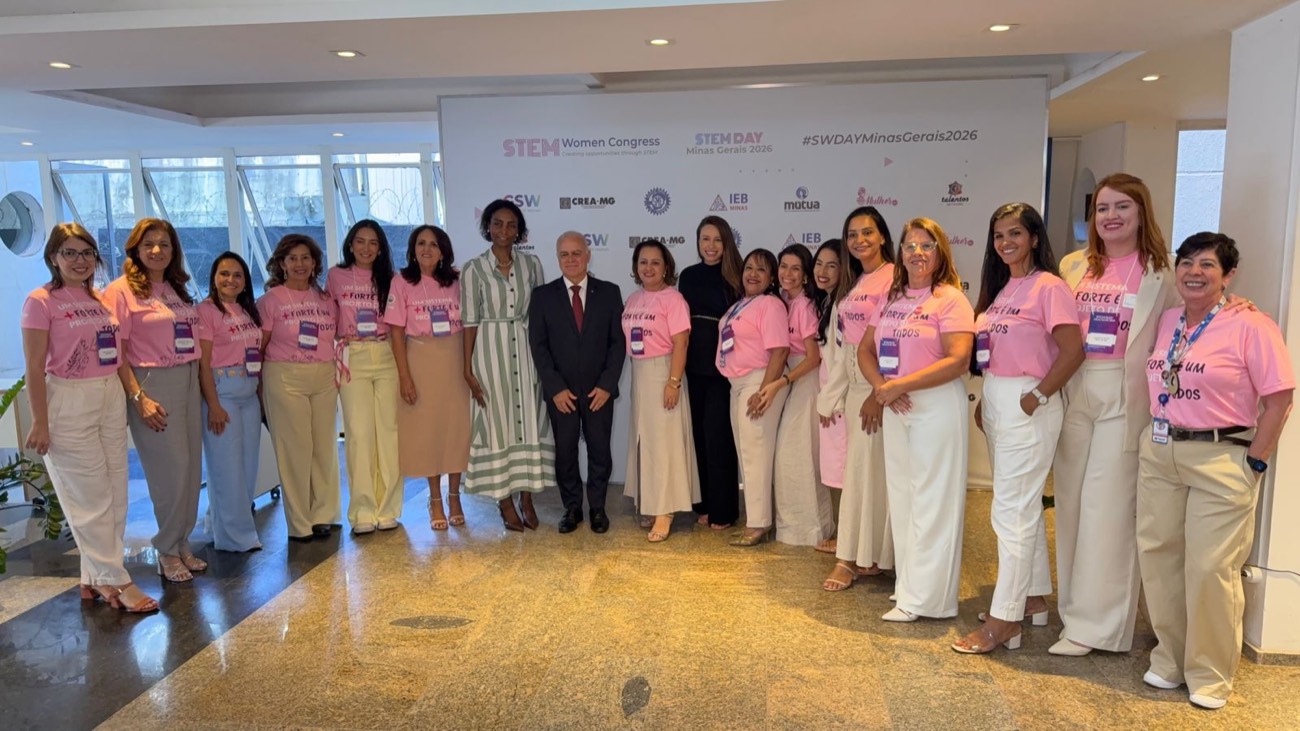 Painel oficial do STEM Day Minas Gerais 2026 com as marcas dos apoiadores, entre elas Mútua e IEB-Minas